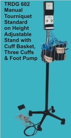 TRDG 602 – Manual Tourniquet Standard on Height Adjustable Stand with Cuff Basket, Three Cuffs & Foot Pump